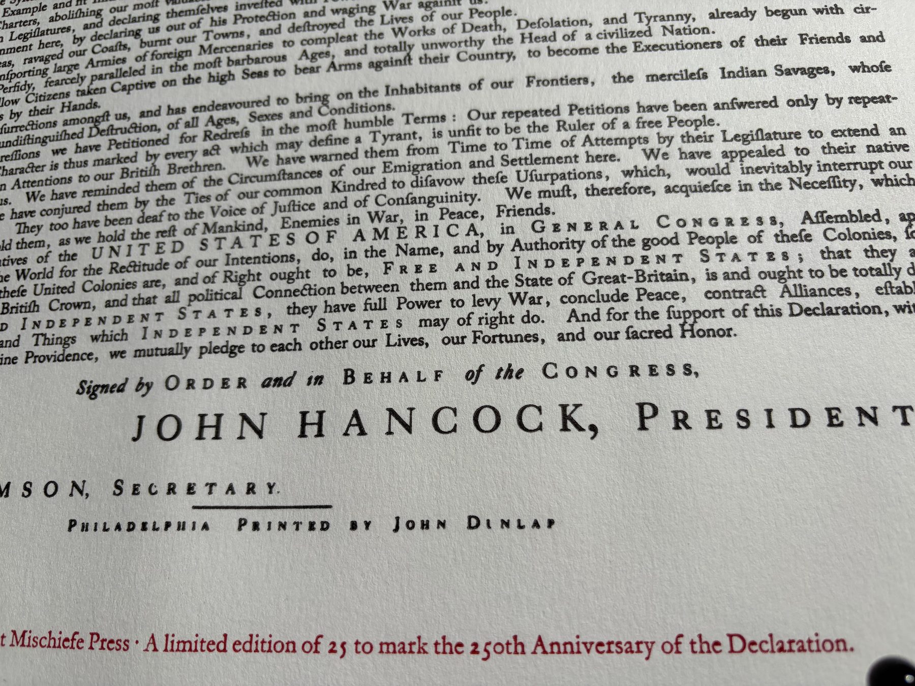 Declaration 250 — letterpress edition of the Declaration of Independence with the red 250th-anniversary colophon