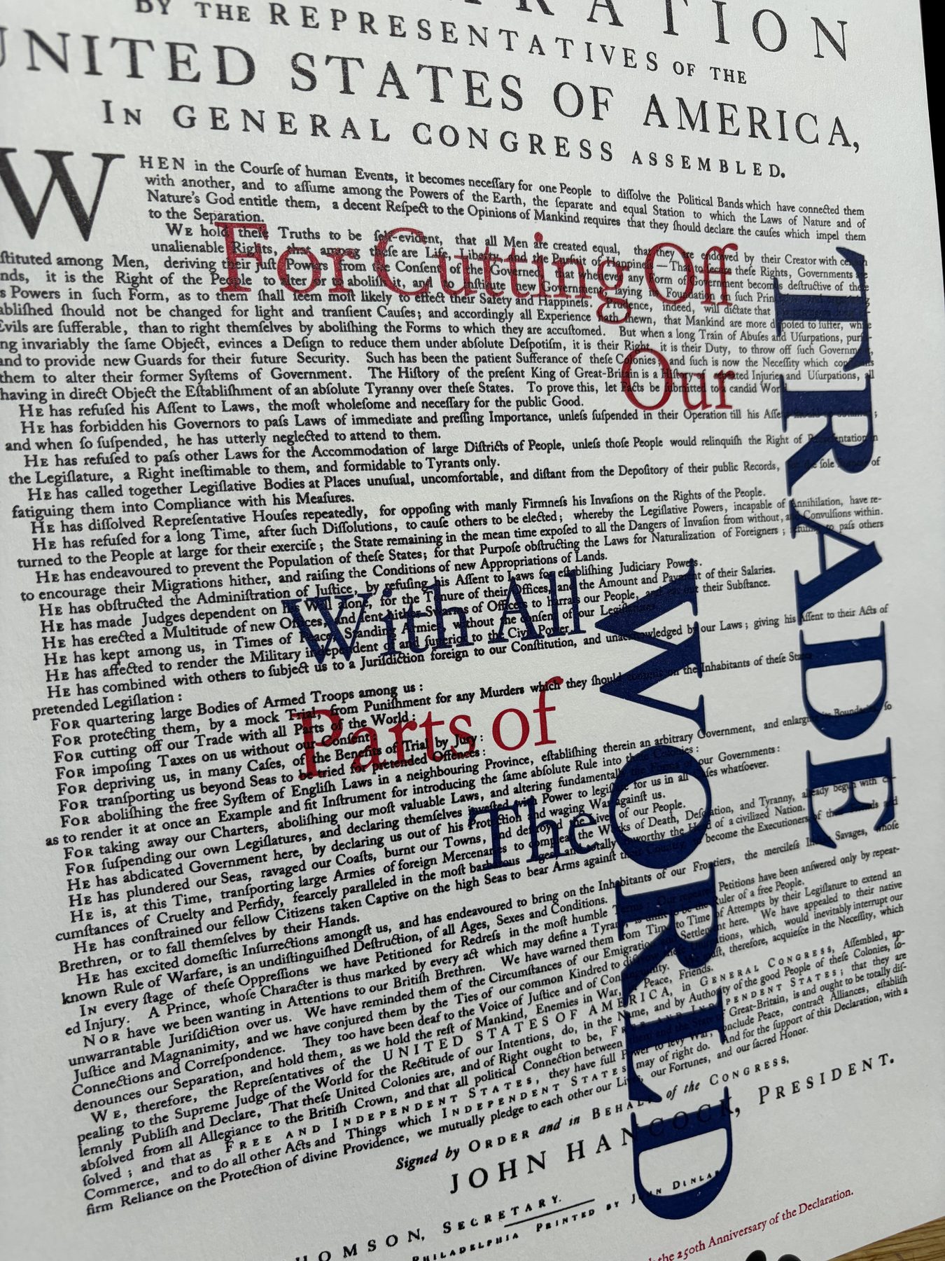 Declaration 250 — the ‘Trade’ overprint in blue and red across the Declaration: ‘For cutting off our Trade with all Parts of the World’